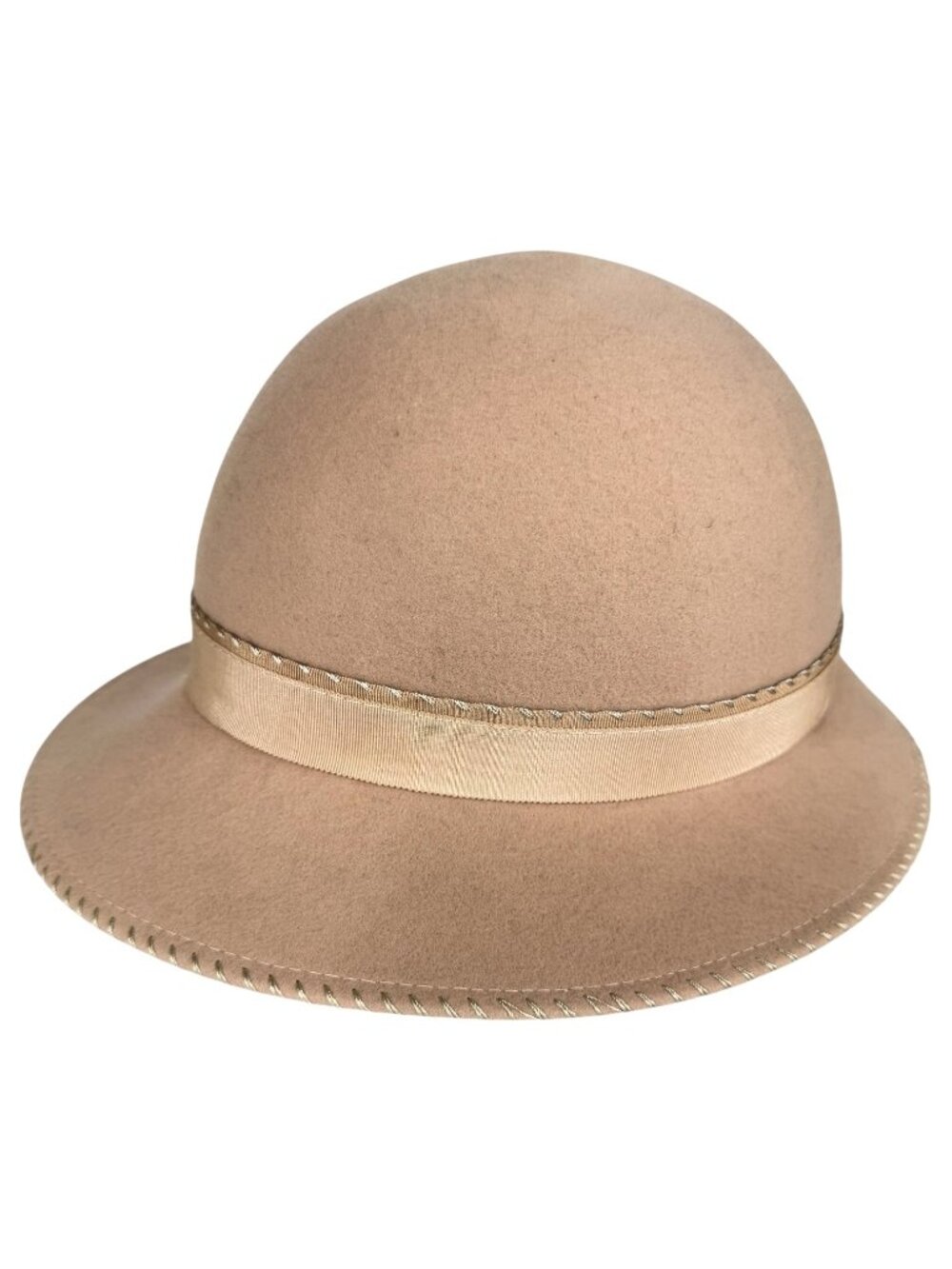 Geo W Bollman Miss JoAnn Tan Wool Felt Cloche Hat Satin Ribbon Bow Vintage - Picture 3 of 7